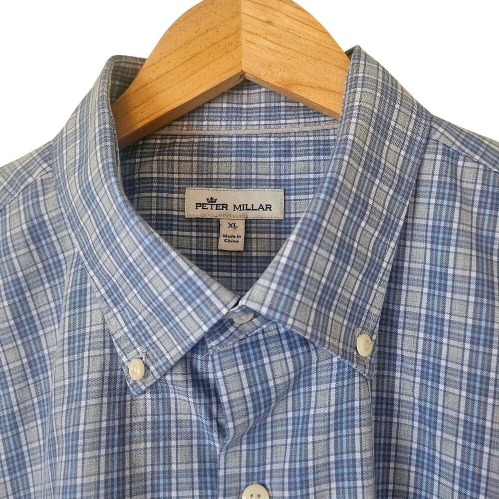 Peter Millar Button Down Shirt Men's Blue Gray Plaid Long Sleeve 100% Cotton XL